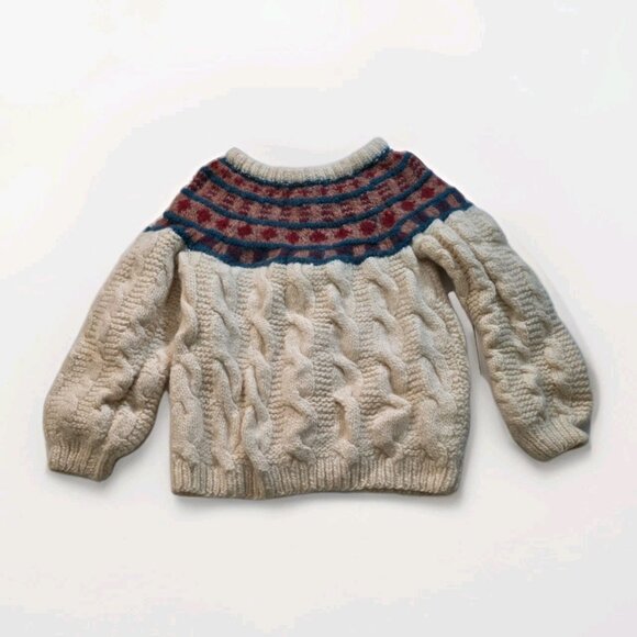 Unbranded Handknit Sweater Womens S/M Cream LS Fair Isle Cable Chunky Boho Cabin - Picture 2 of 13